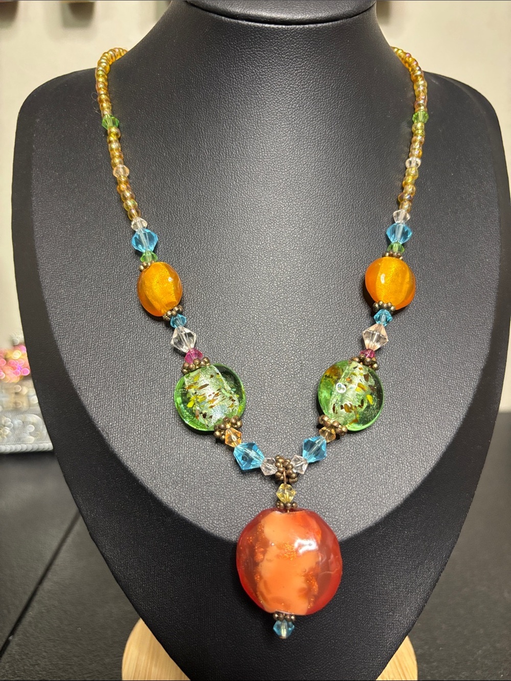 Handmade Multicolor Glass Bead Statement Necklace - Orange & Green